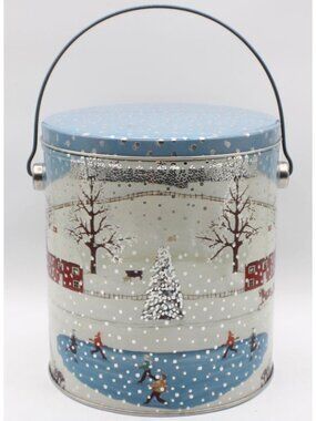Winter Scene Snowy Cabin Metal Tin Handle Lid Holiday Decor Gifts Cookies 7.5x6"